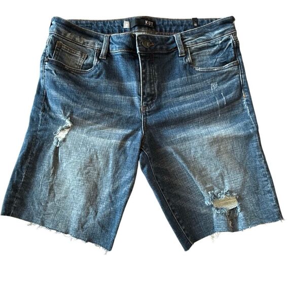KUT From The Kloth Raw Hem Distressed Sophie Bermuda Jean Shorts Blue Sz 10 NWT - Picture 1 of 8